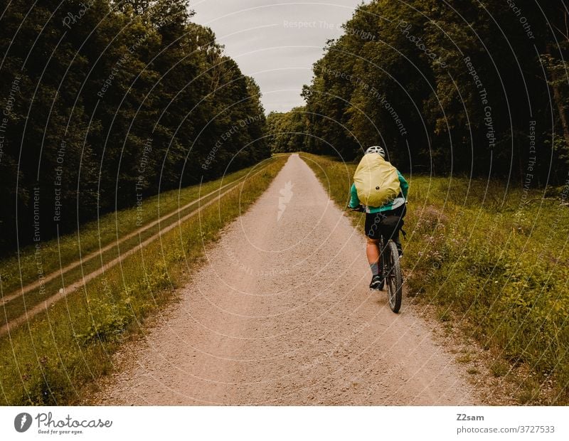 Young cyclist on the cycle path along the Danube Cyclist mtb bike tour bicycle trip Green trees Bushes Sky Backpack voyage Backpacking Bavaria Exterior shot
