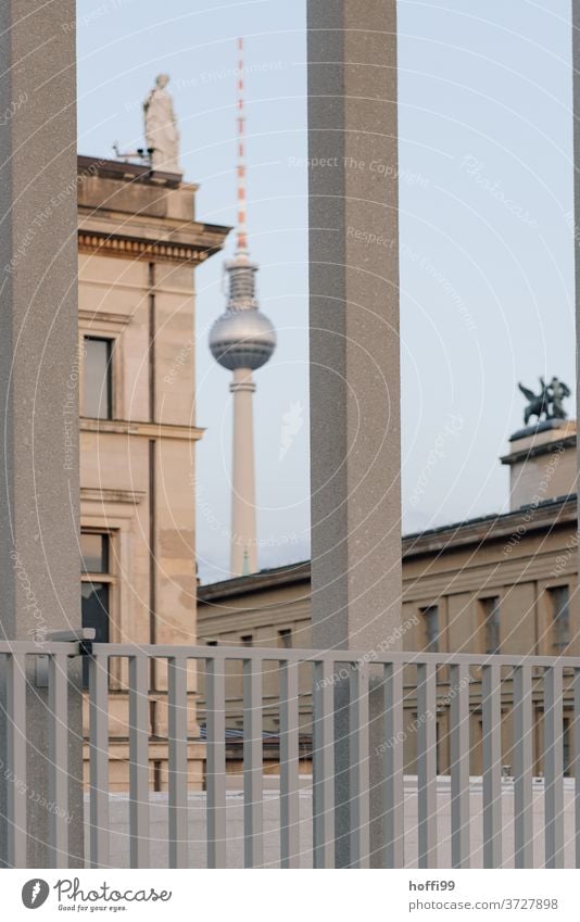 View of television tower and monument Berlin TV Tower framed Capital city Brandenburg Gate Town Landmark Television tower Architecture Germany