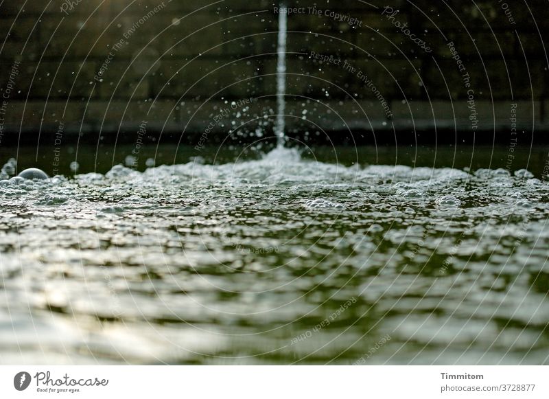 Water surface of a large well trough Well Trough Surface of water water pearls inflow Jet of water splash Shallow depth of field Exterior shot Deserted Light