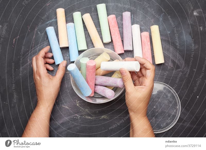 multicolored chalk in a plastic bucket on a black background, female hands fold objects into a container equipment tool adult blackboard blue caucasian