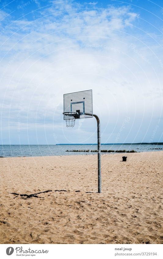 Basketball hoop on the beach Beach Ocean Deserted vacation Summer Vacation & Travel free time Gloomy on one's own Blue sky Beautiful weather Coast Exterior shot