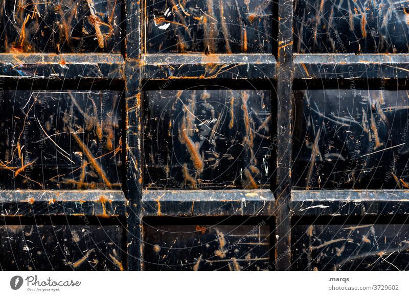 Black container Container Logistics Close-up Metal Rust Line Heavy Structures and shapes Industry