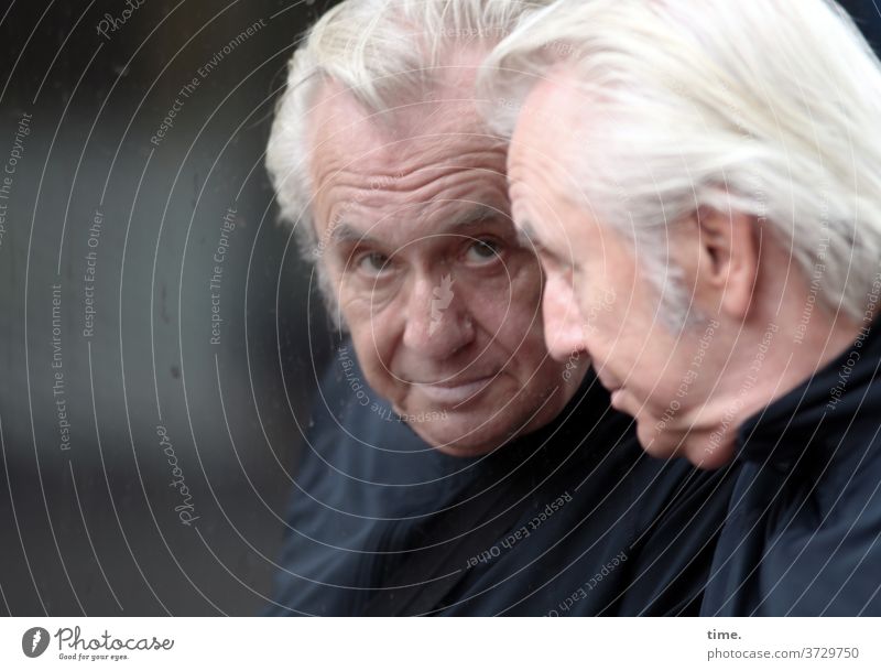 Life Accomplice portrait Man Gray-haired Mirror reflection seriously Sweater sideburns Looking Skeptical frown