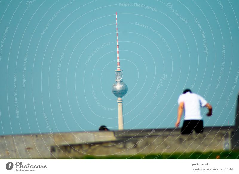 what's going on on the record Human being Berlin TV Tower Rear view Neutral Background Cloudless sky Posture Youth (Young adults) Landmark Concrete slab