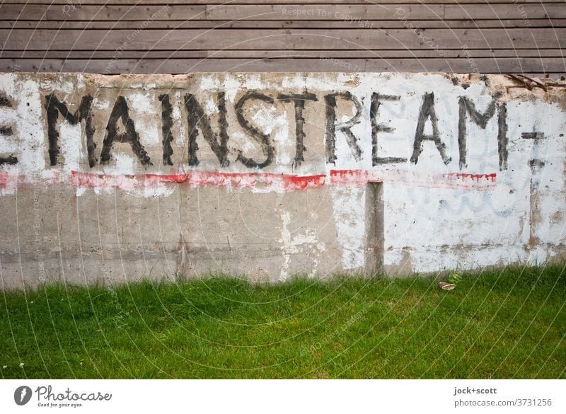 Mainstream on foundation Foundations Concrete Word Meadow Capital letter Street art Subculture Creativity Wooden fence Paintwork lost places Wall (building)