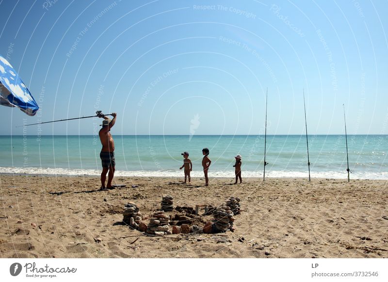 gone fishing- father teaching children how to fish hobby Bait Catch Fishing rod Leader lines Leisure and hobbies Fishing (Angle) Spoon bait Exterior shot Water