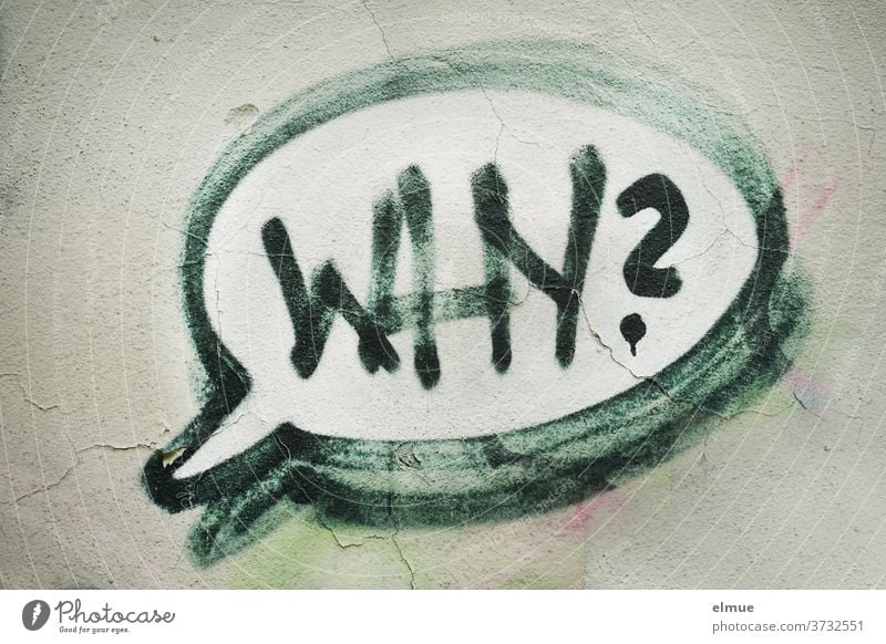 "WHY?" is written as graffito in green and black letters in the balloon on the gray wall why Speech bubble Why Youth culture Graffiti Graffito Facade Characters