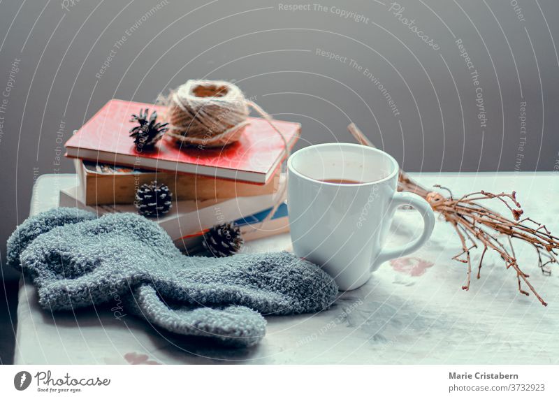 A cup of coffee, warm socks and books to show the concept and feelings of winter season at home stay home stay safe stay at home covid-19 home quarantine