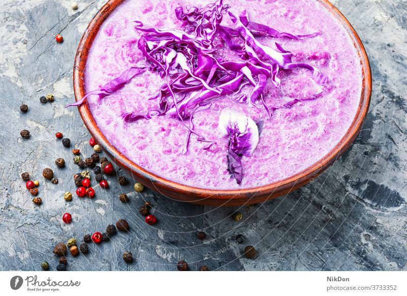 Red cabbage soup vegetable healthy diet puree red cabbage vegetarian plate purple cuisine dish vegan cream delicious eating fresh traditional homemade autumn