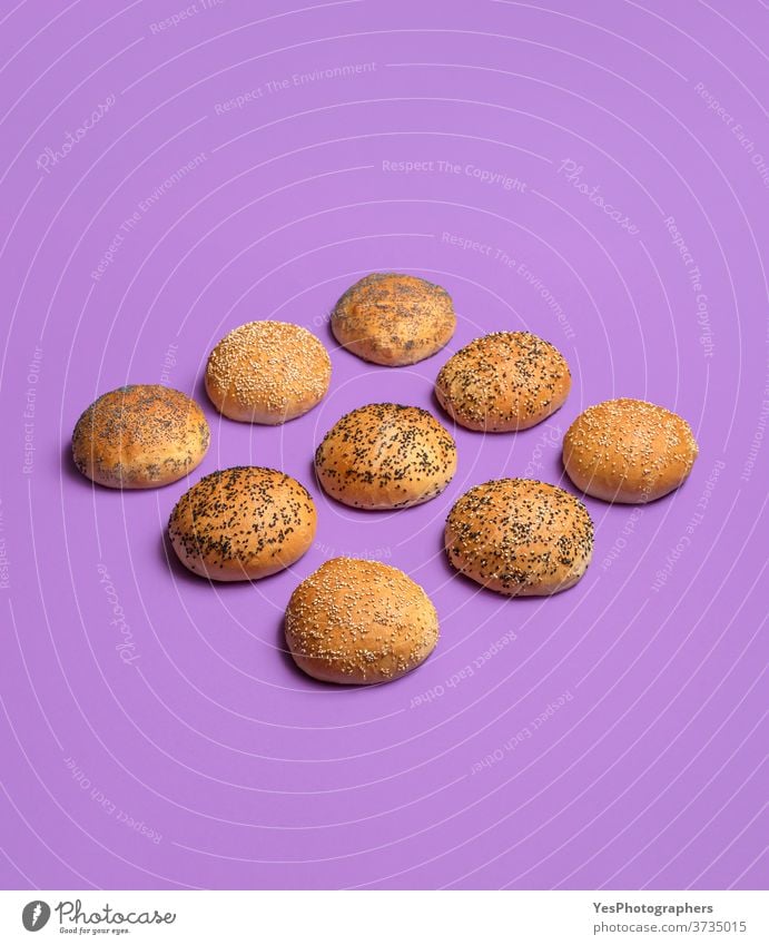 Bread rolls isolated on a purple color. Homemade hamburger buns with seeds aligned background bake baked bakery baking balls bread buns bread roll bright