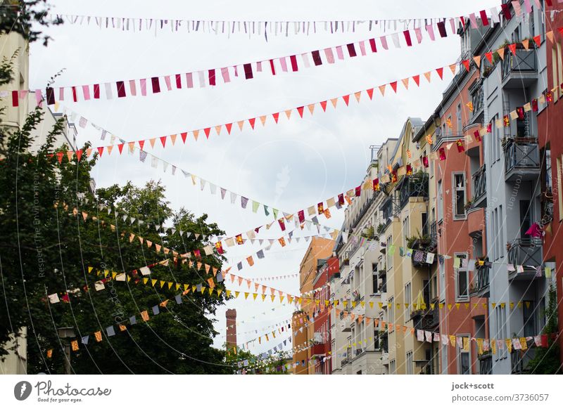Street of colourful pennants and flags Street art Decoration Flag Hang Tall Solidarity Happiness Creativity Joie de vivre (Vitality) Prenzlauer Berg Housefront