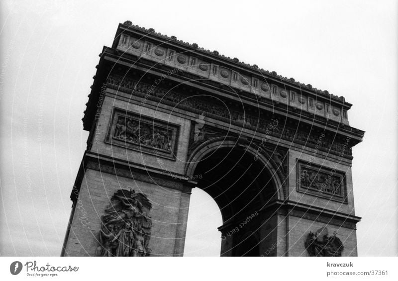 Arc de Triomphe Paris Bad weather Worm's-eye view Gray Architecture Black & white photo Deserted Sky Past Crazy