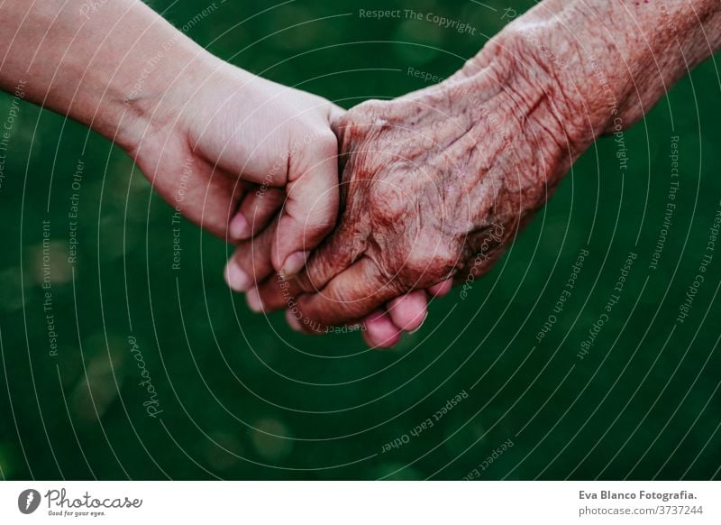 close up of of lady holding hands with young unrecognizable woman. Two generations old lady young woman grandmother granddaughter love together family touching