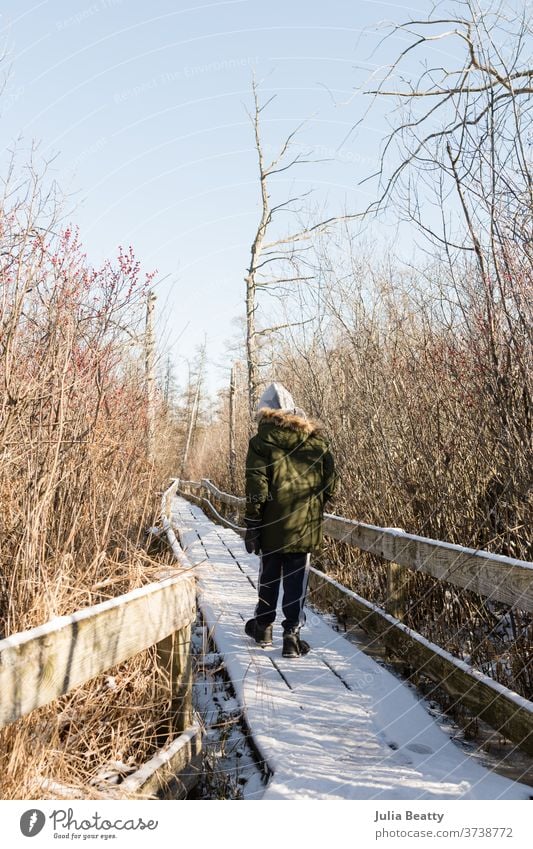 Child walking on snow covered path winter Cold Tree Nature Lanes & trails Forest Frost Landscape Bog Dock Deck Wood Brown chill ice Walking walking away