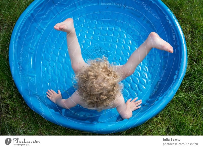 girl in plastic pool kiddie pool backyard Grass swimming pool bathing Summer Playing Blue green Curly Curly hair Blonde Aquatics Water Joy silly Bird's-eye view
