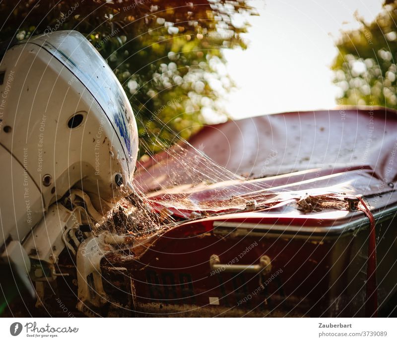 Motor boat with tarpaulin, outboard motor and spider web Motorboat outboard engine Spider's web Back-light Red Light Sunlight tranquillity turned off Peaceful