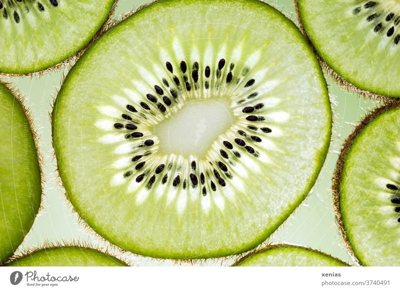 Macro shot of a kiwi Kiwifruit Fruit berry Food Organic produce Nutrition Vitamin Food photograph Green Light table Fruity Delicious Kernels & Pits & Stones