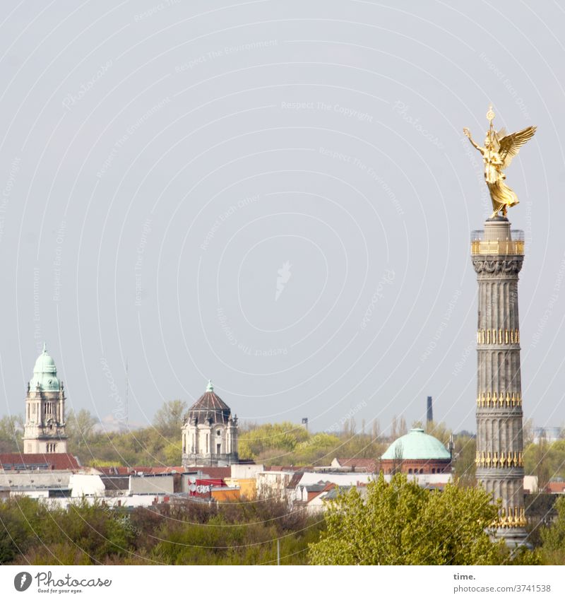gold rush Gold Yellow Metal Goldelse victory statue Berlin Statue Skyline sunny Victory column Monument Tower Tall Nature Roof roofs huts viktoria statue