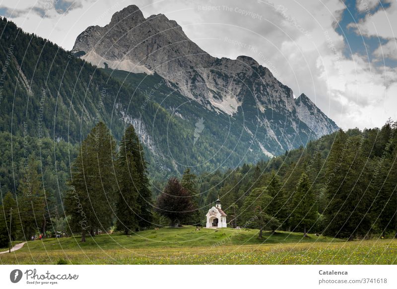 Beauty in the eye of the beholder | Bergkapelle and Wetterstein Clouds daylight Day Sky Plant Grass mountains Stone Building firs Nature Chapel Meadow Forest