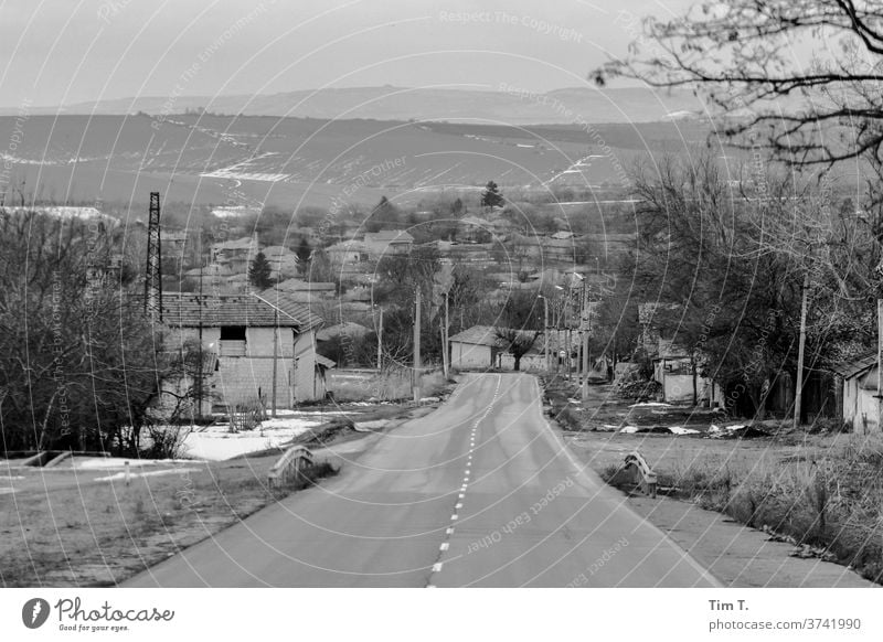 a road in Bulgaria b/w Black & white photo B&W B/W Calm Loneliness Village Street Landscape January Transport Avenue Trip Car journey
