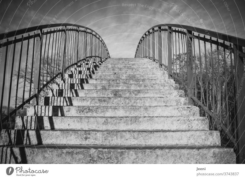 Bridge on the Saale stagger Stairs rail Metal Stone Shadow Clouds Tall stair treads ascent Go up Round flexed Line Architecture Upward Structures and shapes
