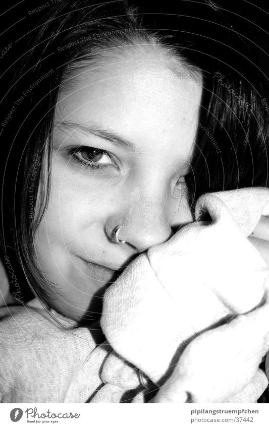 just a little smile Woman Cuddling Black & white photo light/dark Contrast Laughter