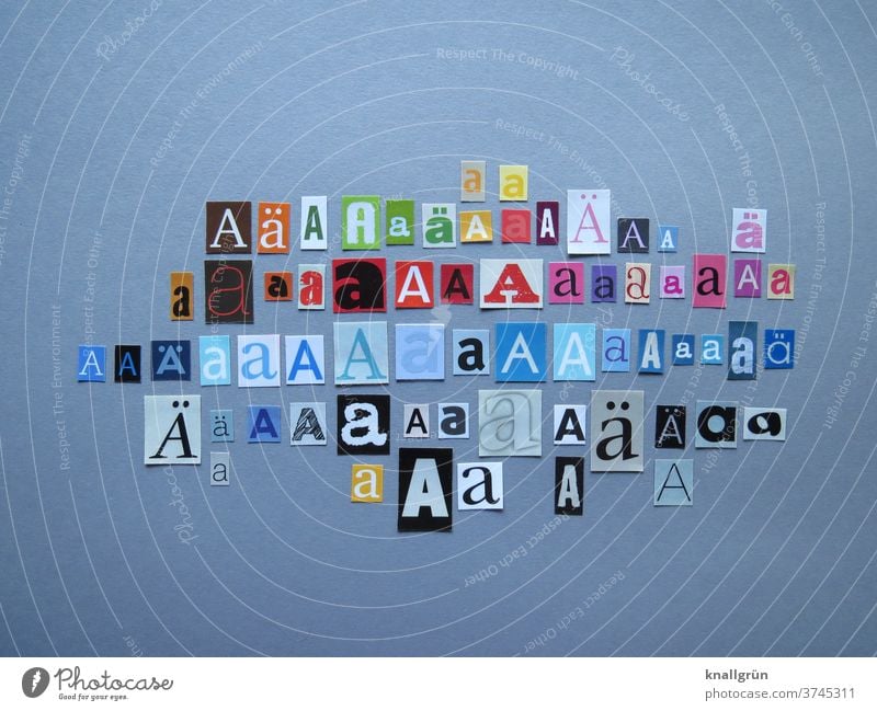 AA Letters (alphabet) Typography Characters Word Text Sign Anonymous Multicoloured Collage Low-cut Magazine Newspaper Print media Symbols and metaphors Paper