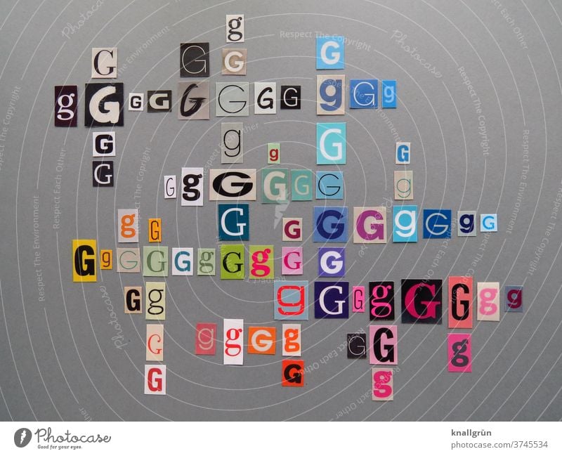 GG Letters (alphabet) Typography Characters Word Text Low-cut Print media Multicoloured Sign Anonymous Magazine Collage Symbols and metaphors Paper