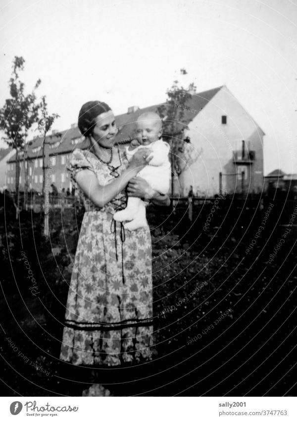 color reduced | summer 1939 mother and child Mother Baby Young woman Summer Summer dress 30s House (Residential Structure) Apartment Building Tree Child Woman