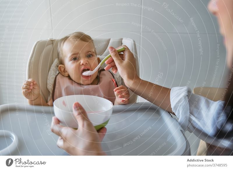 Anonymous mother feeding a baby with a bib innocence sharing infant motherhood togetherness wellbeing bonding mouth toddler concentration dining daughter indoor