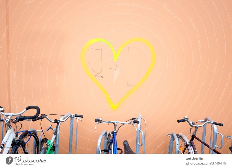 Heart with bicycles Love Affection relation romantic romance spring feeling sensation emotion House (Residential Structure) Wall (building) Facade tagg Graffiti