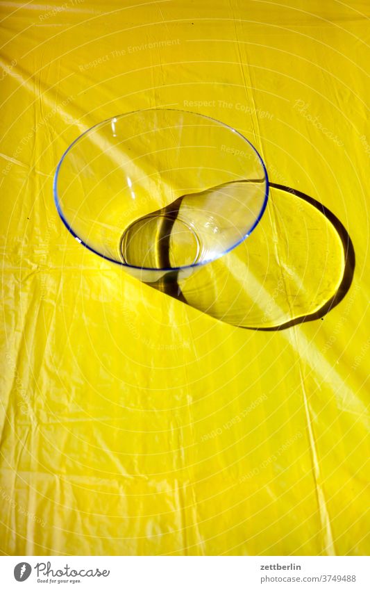 Empty salad bowl on yellow Glass scatterbrained receptacle shell bowl fruit bowl Table tablecloth Yellow Light Shadow keeper Container Preparation Household