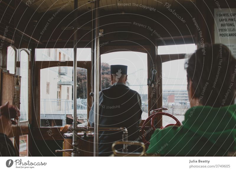 Interior of Trolley in Astoria, Oregon United States trolley streetcar Ride Conductor Driver Vintage Old Antique Wood Metal Retro Transport Vacation & Travel