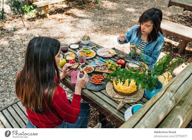 Women at picnic in forest women friend together eat food table enjoy summer valle del jerte caceres spain woods friendly cheerful happy sit talk relax delicious