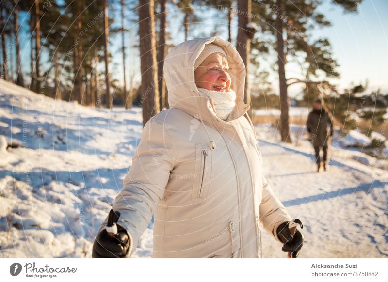 Winter sport in Finland - nordic walking. Senior woman and man hiking in cold forest. Active people outdoors. Scenic peaceful Finnish landscape. senior winter
