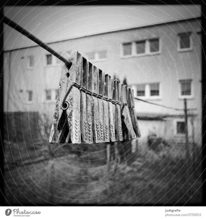 clothespins clinging to a clothesline Clothesline staples Clothes peg Black & white photo dwell Living or residing House (Residential Structure) built Garden