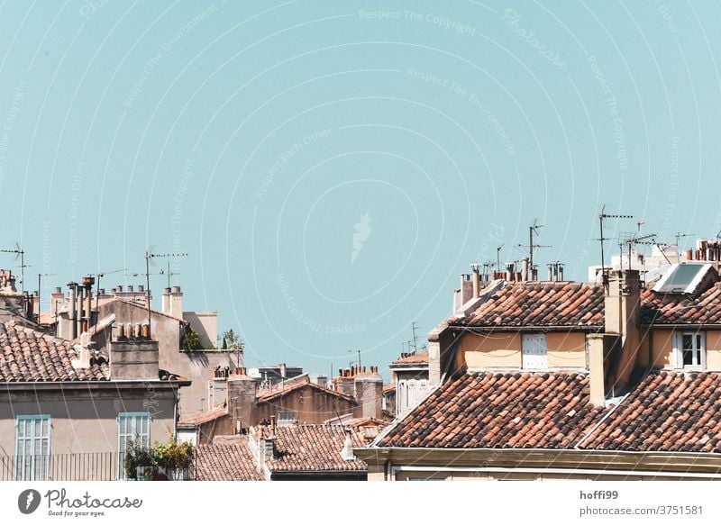 mediterranean roofscape with antennas rooftop landscape Antenna sea of rooftops Architecture Facade Europe Tourism ardor Summer Old town cityscape Sky heat wave