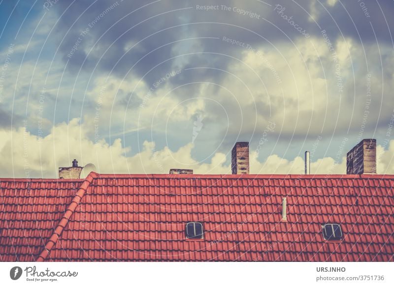 Clouds behind the roofs of the big city Roof Exterior shot built Sky Town Roofing tile Day Skylight Hatch Window Deserted Chimney brick