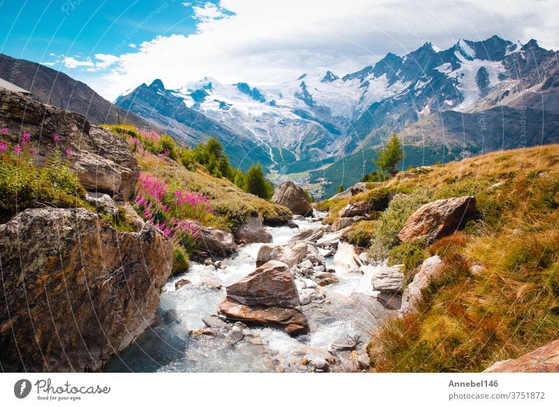 Beautiful mountain landscape with stream near Alps, Switzerland in the summer in blue sky nature water switzerland river beautiful green outdoor travel forest