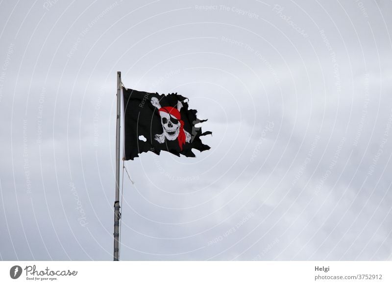 dynamic | frayed pirate flag fluttering on a flagpole in the stormy wind in front of thick grey clouds Flagpole Wind windy Sky Clouds Raincloud Blow Judder