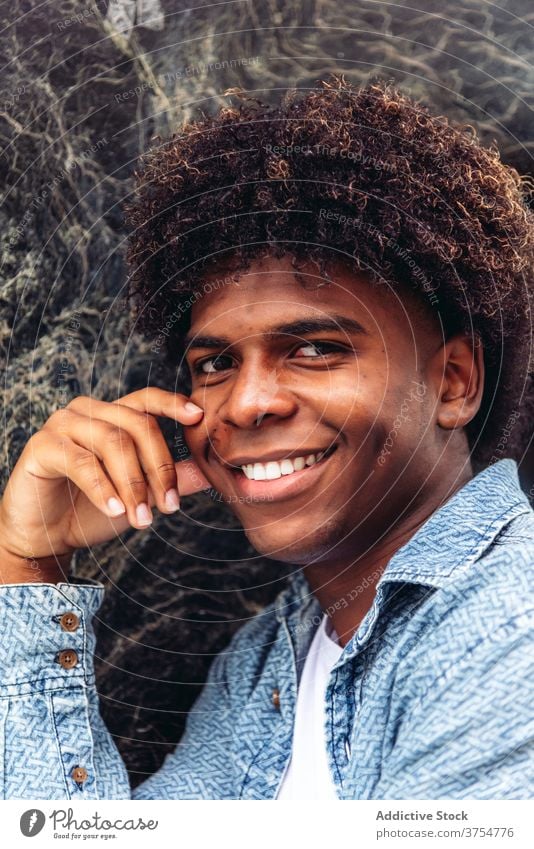 Delighted ethnic man looking at camera delight portrait smile handsome charismatic city afro hairstyle appearance male black african american street positive