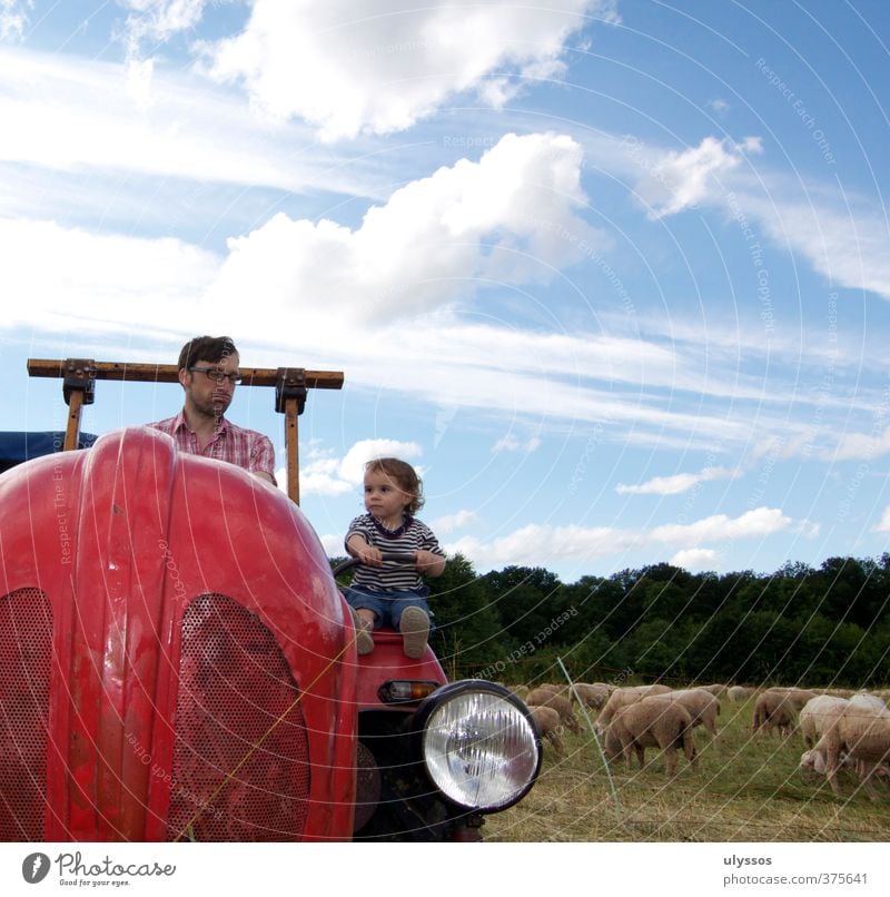 Driving the tractor Joy Happy Playing Vacation & Travel Trip Summer Human being Toddler Girl Father Adults Infancy 2 1 - 3 years 30 - 45 years Clouds