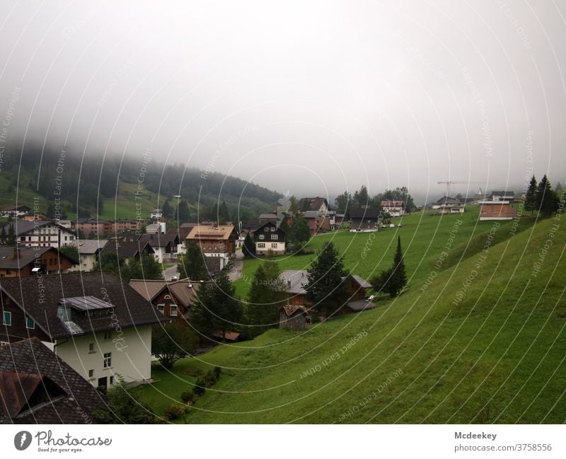 Brandner Valley Brandnertal Austria Mountain Landscape houses Meadow Fog Panorama (View) Alps Nature Vantage point Hiking Vacation & Travel Misty atmosphere
