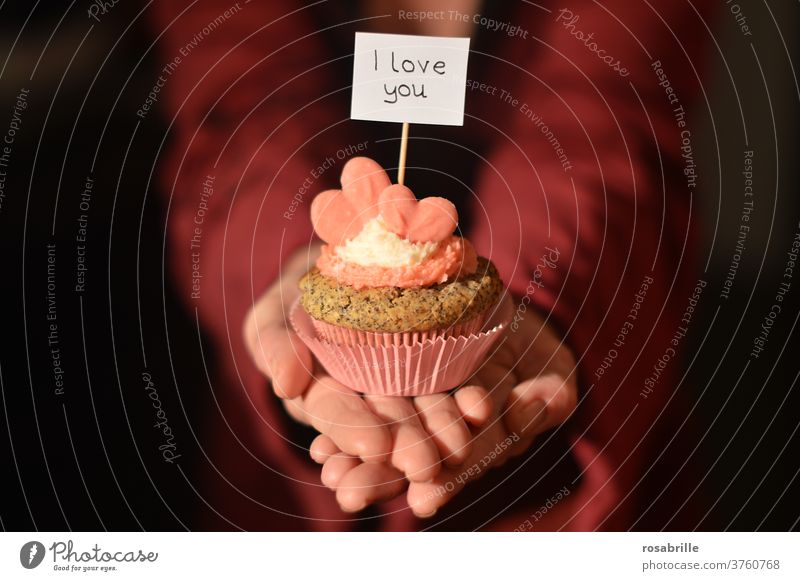 Declaration of love with muffin | dynamic Muffin Love i love you Heart Woman Valentine's Day hands Red pink Pink stop Text words I love you February 14