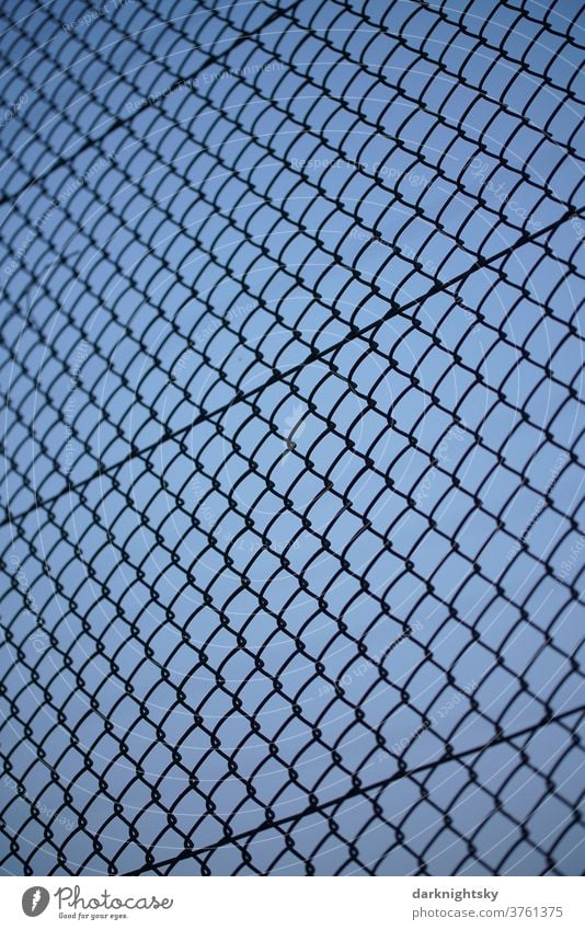 Mesh wire fence and blue sky in the evening Fence Barrier green Things Field Exterior shot Border Deserted Sky Nature Grating Barbed wire Threat Safety