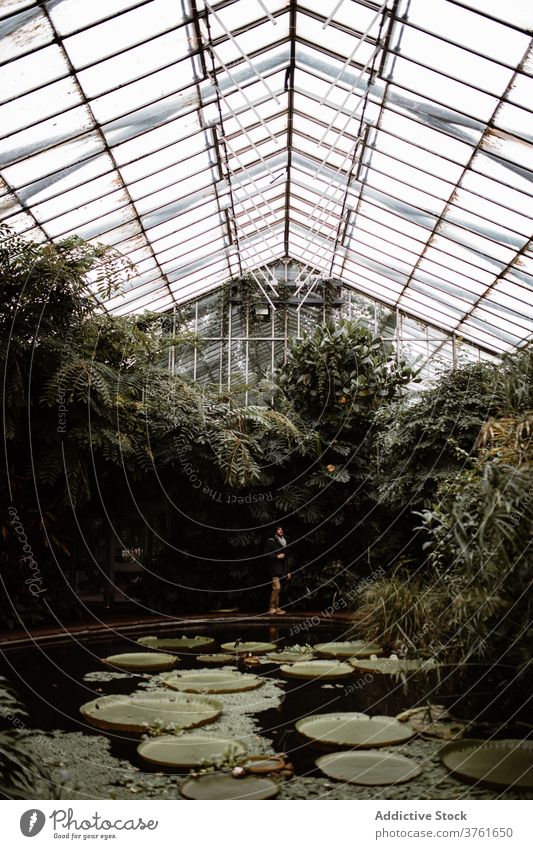 Unrecognizable traveler in greenhouse with pond hothouse sightseeing glass plant tourist cultivate scottish highlands scotland uk united kingdom water cloudy