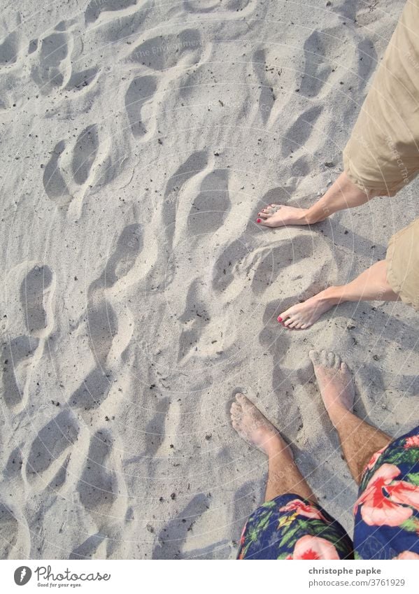 Feet of a couple in the sand feet Barefoot Summer Beach Sand Toes Legs Vacation & Travel Human being Relaxation Ocean Nail polish Swimming trunks