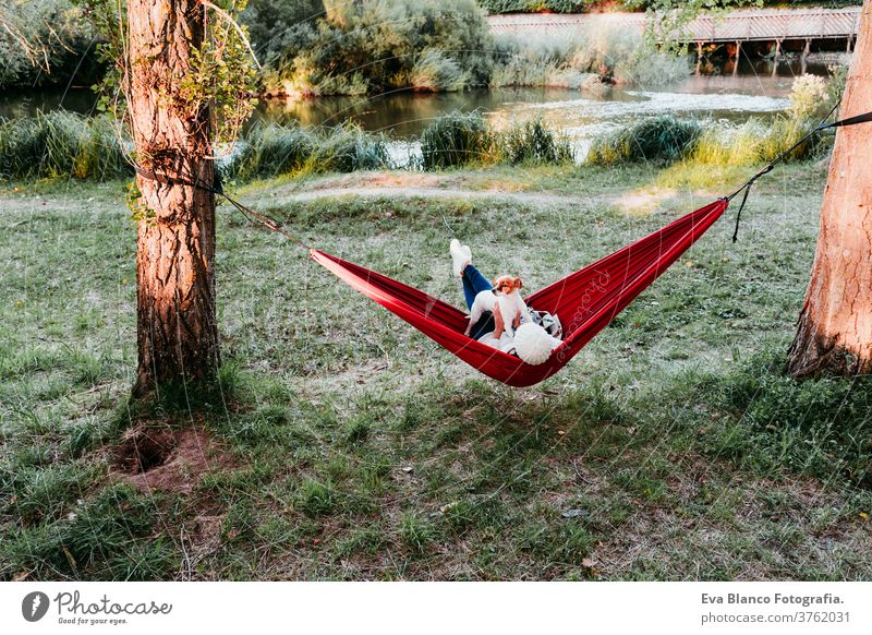 back view of young woman relaxing with her dog in orange hammock. Camping outdoors. autumn season at sunset lying hammock jack russell pet nature park caucasian