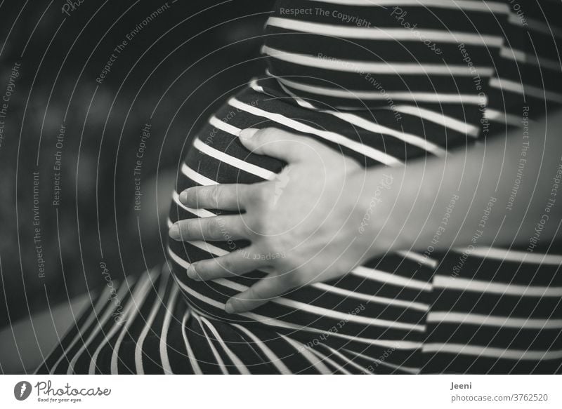 hand of a woman - an expectant mother - feels the baby's belly Baby bump pregnancy Pregnant Stomach Fat Sphere Birth Woman pretty Hand Feminine Love sensation