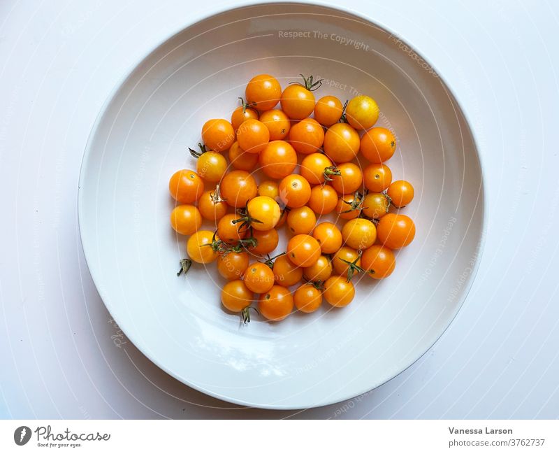 Sungold Cherry Tomatoes in White Bowl cherry tomatoes summer food Ingredients Close-up Vegetable Raw Fresh